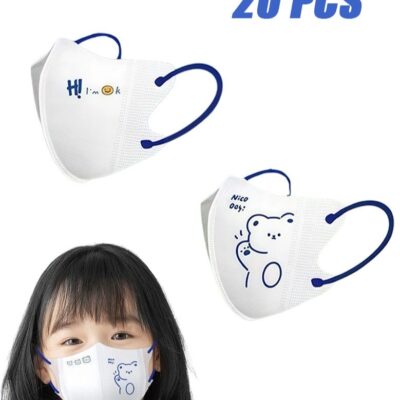 20 Pcs 3D Disposable Face Mask for kids,3 Layer Protective White Face Mask with Cartoon Pattern,Suitable Children Small Size Age 3-12