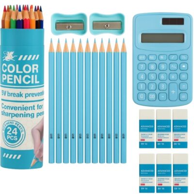 45 Pieces Stationery Set for Kids – Complete School Supplies Set with 24 Colored Pencils, 12 HB Pencils, 2 Sharpeners, 6 Erasers & 1 Calculator | Writing, Drawing & Study Set for Kids, Adults, School Going Boys & Girls