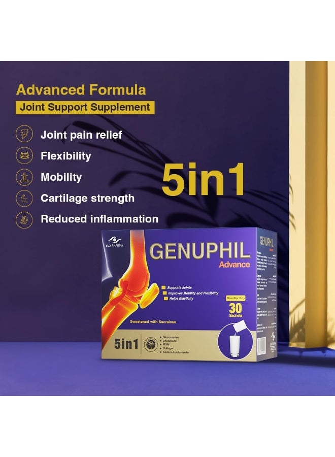 Genuphil Advance 5 In 1 formula, Glucosamine, Collagen, Chondroitin, MSM & Sodium Hyaluronate Supplement 30-Sachets – for enhanced joint performance & joint pain relief. - Image 6
