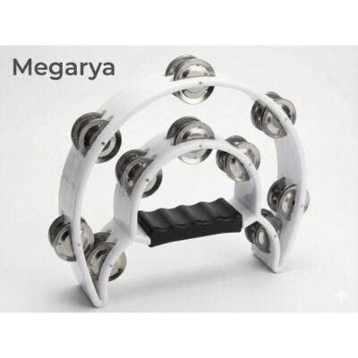 Double Row Metal Jingles Tambourine – Half Moon Hand Percussion Instrument with Comfortable Handle, Portable Rhythm Tambourine for Church, Parties, Karaoke & Music Practice (White)