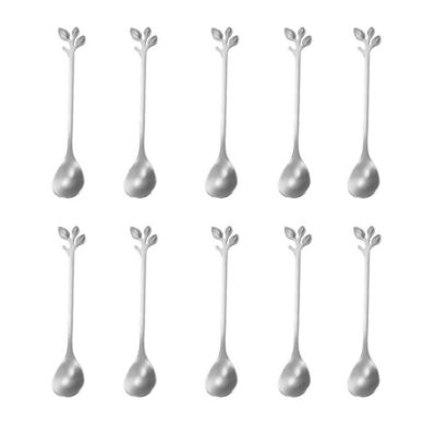 10-Piece Stainless Steel Elegant Silver Leaf Coffee Spoons Set 12 x 2.5cm
