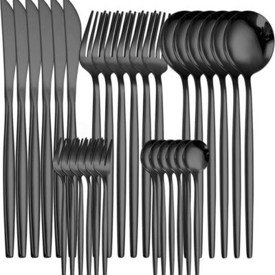 30-Piece Stainless Steel Knife Fork Spoon Full Set for Home Office Restaurant Hotel Black 20cm