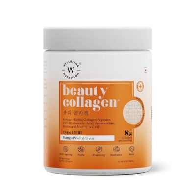 Korean Beauty Marine Collagen Skin Radiance Peptides 8g | Biotin, Vitamin C, E, Hyaluronic, Astaxanthin | Clinically Proven Healthy Skin, Hair & Nails | Mango Peach powder, 250gms