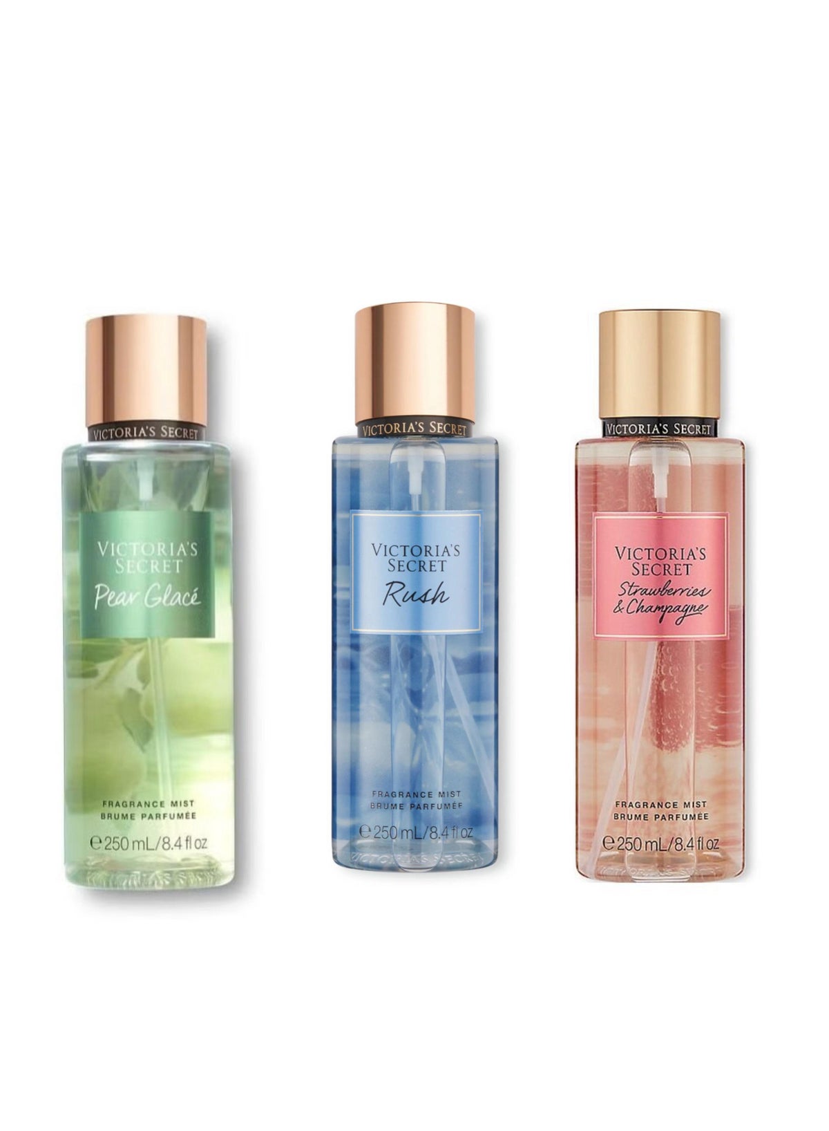 Combo Pack of 3 Body Mists - Rush, Strawberry Champagne & Pear Glace - 250ml Each (Total 750ml)