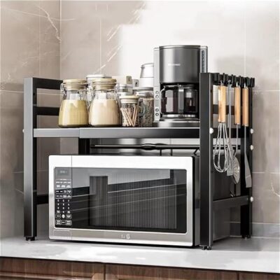Extendable Microwave Shelf, Adjustable Toaster Oven Rack Kitchen Counter Top Organizer Stand, 2-Tier with 6 Hooks,198 lbs Weight Capacity, Black