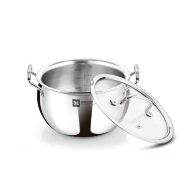 Bergner Essentials 24cm (5.5L) Tri-Ply Stainless Steel Large Rice Pot – Heavy-Duty Healthy Cooking Handi with Glass Lid for Biryani Pulao Soups Curries – Even Heating – Gas & Induction Compatible