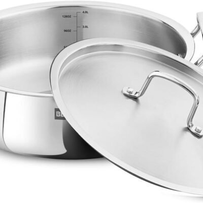 Bergner Essentials 24cm (4.4L) Tri-Ply Stainless Steel Cookware Pot , Deep Handi with Lid for Biryani Rice Curries Pulao Stews, Less Oil Use Healthy Cooking, Even Heating Gas & Induction Compatible