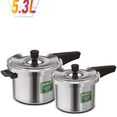 5Ltr + 3LtrLiters Aluminum Pressure Cooker Combo (5Ltr + 3Ltr), Dripless Design With Superior 8011 Grade Virgin Aluminum, Smart Spillage Control, Heat-Proof Bakelite Handles And Lead-Free Safety Valve, 5 Year warranty Silver