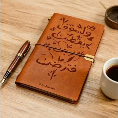 Islamic Leather Notebook with Arabic Calligraphy, Premium Diary Journal with Elastic Band & Card Holder, Lined & Kraft Pages for Travel, Study & Business