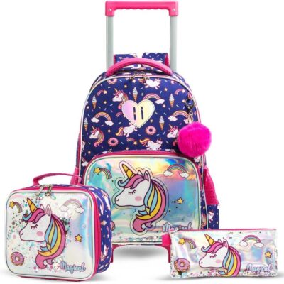 Eazy Kids - 16Inch Set of 3 Trolley School Bag Lunch Bag And Pencil Case Unicorn Chrome - Blue - EZ-S3TR-UNIBU