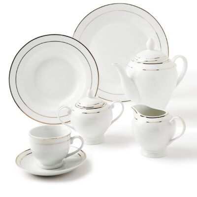 56 Piece Porcelain Dinner Set - Dishes, Plates - Dinner Plate, Side Plate, Bowl, Cups, Serving Dish And Bowl - Serves 6 - Festive Design White/Gold Line White/Gold Line