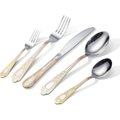 Flatware Set,24 Piece Stainless Steel Flatware Set, Gold Patterned 6 Person Silverware, Dishwasher Safe, Formal Dining, Wedding Gifts