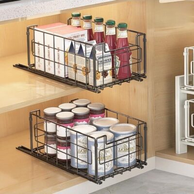 2 Pack Wire Storage Baskets, 35x21.5x17CM Foldable Pantry Organizers Bins and Mesh Storage Black Wire Basket with Handle, Freezer Storage Organiser for Shelf, Cabinets, Bathroom, Closets