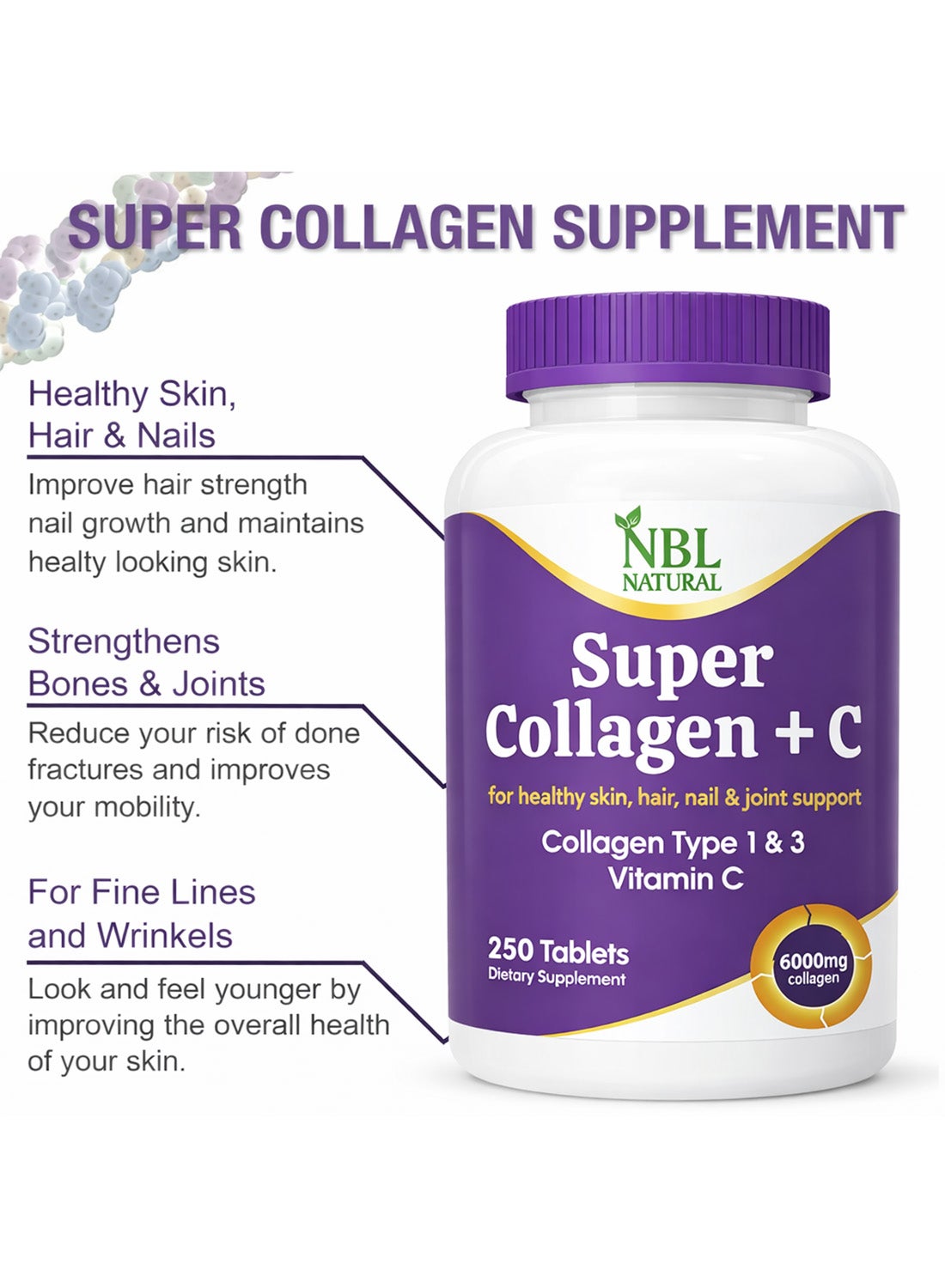 Super Collagen With Vitamin C for Hair, Skin, Nails & Joints – 6000MG - 250 Tablets - Image 3