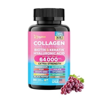 Zoyava Collagen Complex – Type I, II, III, V & X Collagen with Biotin, Keratin, Hyaluronic Acid, MSM & Grape Seed – Supports Hair, Skin, Nails, Joints & Bone Health – 90 Capsules