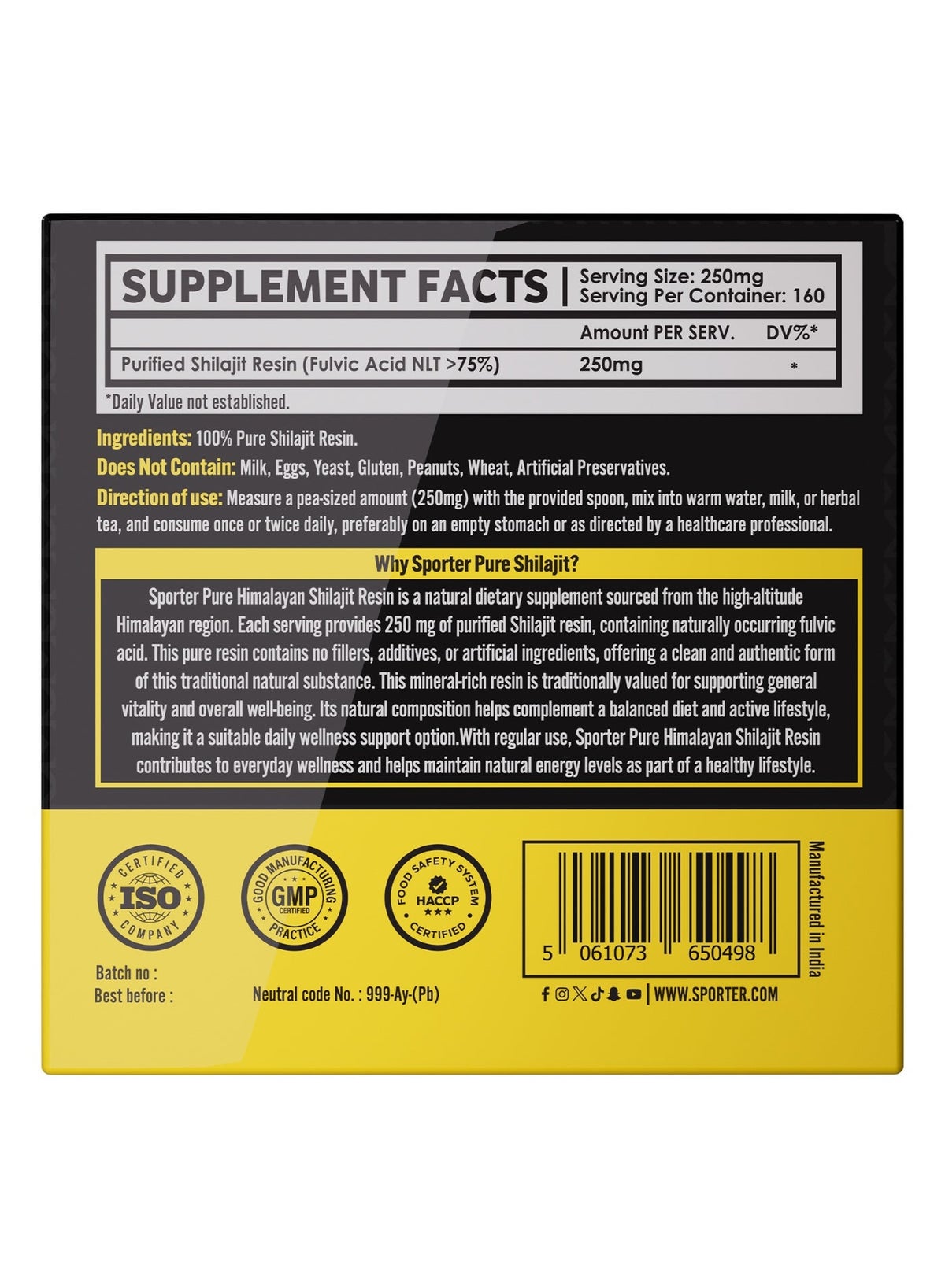 Sporter Pure Himalayan Shilajit Resin – 250mg per Serving, High Fulvic Acid, 40g Natural Dietary Supplement - Image 3