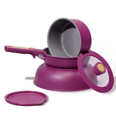 Carote 6-Piece Ceramic Cookware Set with Detachable Handle, Stackable Frying Pan & Saucepan with Lids, PFAS-Free Nonstick Healthy Cooking Set, All Kitchen Stovetop Compatible, Dishwasher Safe (Purple)