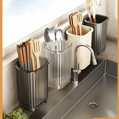 4PCS Wall-Mounted Multi-Functional Storage Caddy Set (4 Colors) - Tool-Free Installation, Drip-Design, Perfect for Chopsticks/Spoons/Spatulas, Includes Translucent Gray/Clear/Gun Gray/Milky White