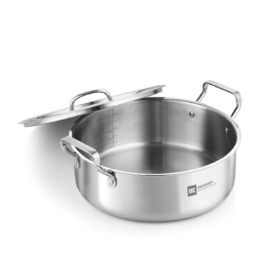 Bergner Essentials 24cm (4L) Tri-Ply Stainless Steel Shallow Biryani Pan, Wide Cooking Pot with Steel Lid for Rice Pulao Curries, Less Oil Healthy Cooking, Even Heating, Gas & Induction Compatible