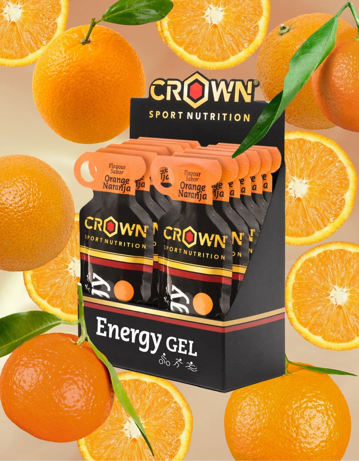 Crown Sport Nutrition 12 x Energy Gels, 40 g Liquid Texture, Carbohydrates, Amino acids and Electrolytes, Orange Flavor