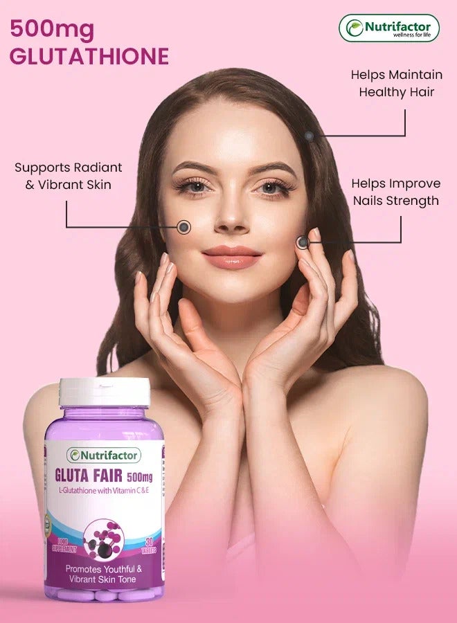GlutaFair - Promotes Youthful & Vibrant Skin Tone - L Glutathione with Vitamin C & E - 30 Tablets - Image 2