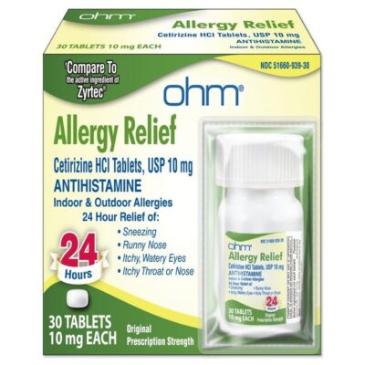 Ohm Cetirizine 10 mg Tablet - All Day Allergy Relief - 30 Count - Anti-Histamine for Hay Fever, Pollen, Dry Itchy Eyes - Effective Relief from All Day Allergies