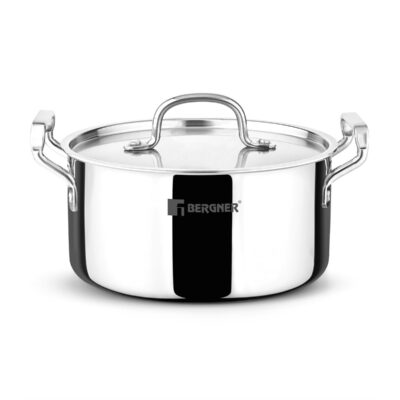 Bergner Tripro 20cm (2.4L) Tri-Ply Stainless Steel Casserole, Cook & Serve Biryani Pot/Handi with Lid, Even Heat Distribution, Energy Saving, Healthy Cooking, Induction & Gas Stove Compatible