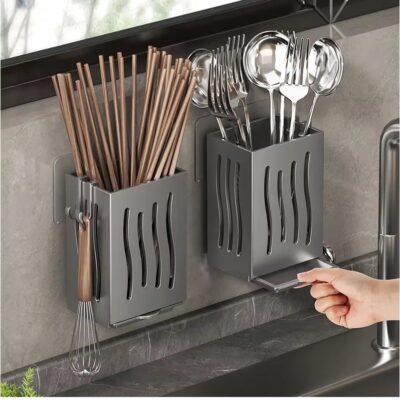 2 Multifunctional Cutlery Spoon Holder Storage Stand with Draining Tray Wall-Mounted Freestanding Utensil Rack Organizer Thickened ABS Material for Kitchen (Grey, 8.5x6.6x12.5 CM)