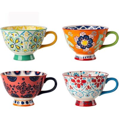 Large Coffee Mugs Sets of 4, 420ml Footed Coffee Cups Set for Latte Cappuccino Hot Chocolate Soup, Hand-Painted Traditional Farmhouse Pattern