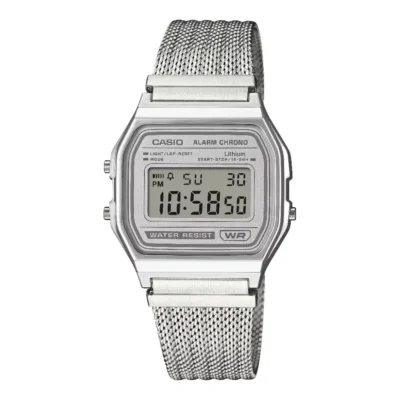 CASIO Unisex Digital Stainless Steel Mesh Watch LED Light Stopwatch Alarm Auto Calendar Water Resistant Resin Case Long Battery Life Lightweight Retro Classic Wrist Watch A-158WEM-7DF