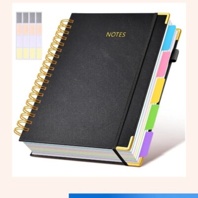 Hardcover Spiral Notebook Journal with Removable Dividers Tabs, 300 Pages Leather 5 Subject Notebook College Ruled, 8"x10" Large B5 Notebooks for Work School Note taking, Lined Journal, Pink