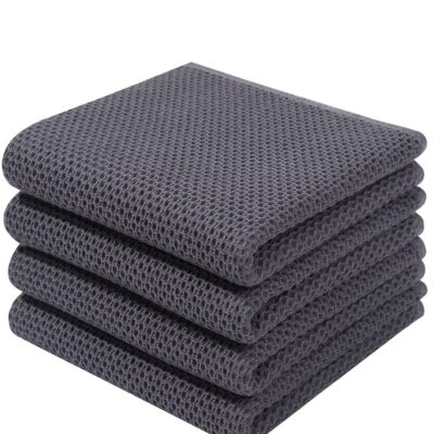 MahMir 100% Cotton Waffle Weave Kitchen Dish Cloths, Waffle Tea Towels Ultra Soft Absorbent Quick Drying Dish Towels, 34x34 CM , 4-Pack. (Grey)