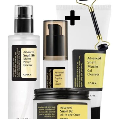 Complete Snail Skincare Pack 4 and Face Massage Roller Advanced Snail 96 Mucin Power Essence, 92 All-in-One Cream, Peptide Eye Cream, and Mucin Gel Cleanser 375ml