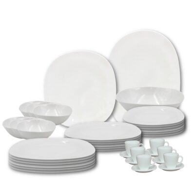 Melrich 38 Piece Opal ware Dinner Set 6 Dinner Plate 6 Dessert Plate 6 Soup Plate 6 Bowl 6 Cup 6 Saucer 1 Serving Plate 1 Serving Bowl Dishwasher Safe Microwave Safe