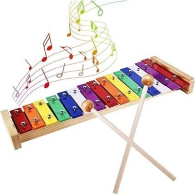 Colourful Xylophone, 15 Tones Rainbow Button Glockenspiel with 2 Beaters, Wooden Musical Instrument, Multicoloured