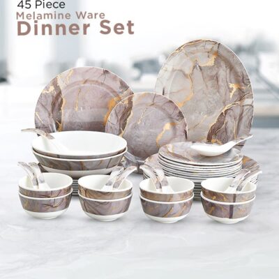 45-Piece Melamlne Dinner Set With 1X36Cm Oval Plate, 8X25Cm Deep Plates, 8X20Cm Soup Plates, 8X20Cm Dinner Plates, 2X20Cm Round Bowls, 8X13Cm Round Bowls, 8Xsoup Spoons, 1Xrice Spoon, 1Xladle, Serves 8 For Famlly Gatherings, Brown White/Brown