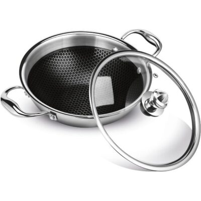 Pro Cook Triply Stainless Steel Kadhai 24 cm (2.9L)– Triply Hexa Tech Honey-Comb Nonstick Kadhai with Glass Lid, 3-Layer Cookware, Induction & Gas Stove Compatible, Easy to Clean – Silver