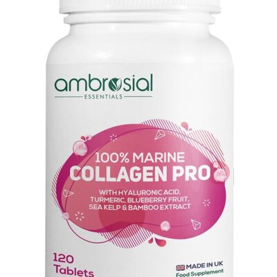 Ambrosial 100% Marine Collagen Pro with Hyaluronic Acid, Turmeric, Blueberry, Sea Kelp & Bamboo Extract | Made in UK | Gluten-Free, Non-GMO | 120 Tablets