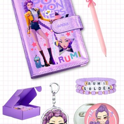 Kpop Demon Hunters Birthday Anime Gift Set for Girls — Rumi Notebook, Bow Gel Pen, Acrylic Keychain, Bracelet & Badge