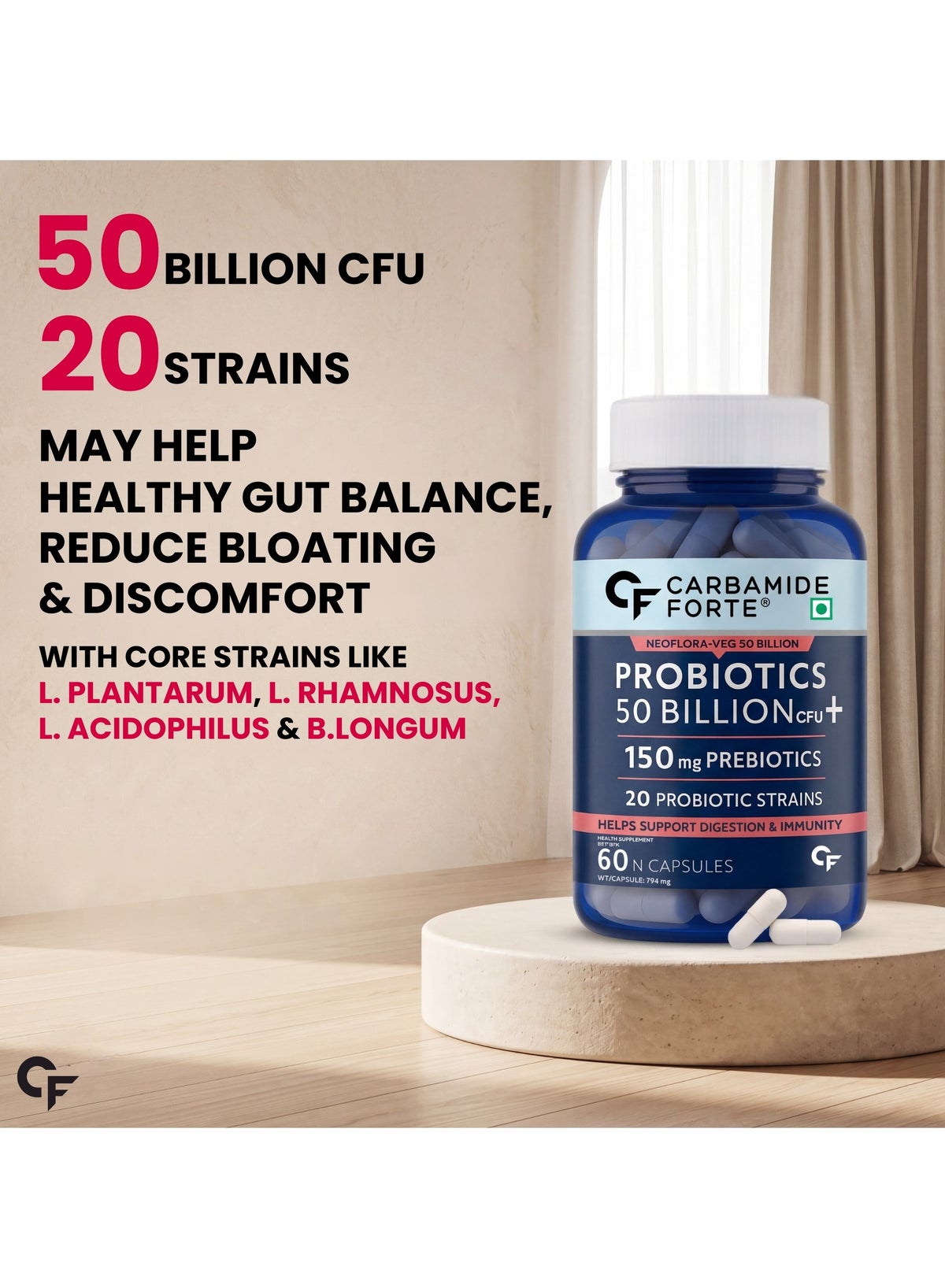 Carbamide Forte Probiotics Supplement 50 Billion for Women And Men 60 Veg Capsules - Image 3