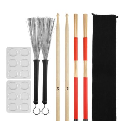 Drum Sticks Set, 5A Maple Wood Drumsticks Set - Includes Drum Rods Brushes, Retractable Drum Wire Brushes, 12PCS Drum Dampeners, and Portable Bag - Perfect for Kids and Adults