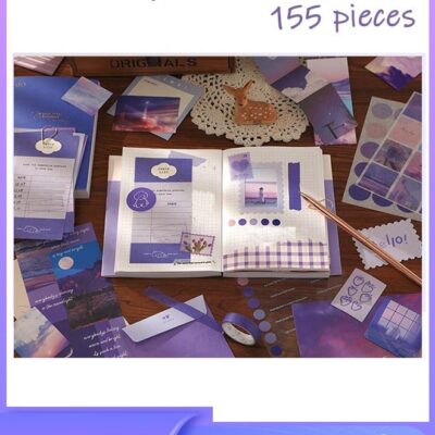 155-piece Gift Box A6 Notebook Poster cover Notepad Background Paper Daily Sticker PET Sticker Paper Photo Frame Card Grace Gift（Purple）