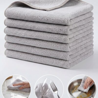 6-Pack Microfiber Kitchen Towels 35×35 cm Size – 330 GSM, Highly Absorbent, Quick Dry, Lint Free, Streak Free | Dish & Counter Cleaning