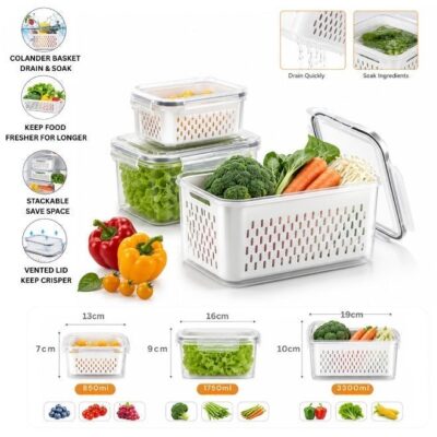 3-Pack Vegetable Storage Containers | Removable Strainer Basket | Airtight Locking Lids | BPA-Free Clear Plastic | 3-Piece Fridge Set 850/1750/3300 ml