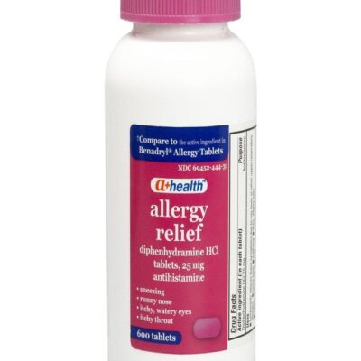 A+Health Allergy Relief Diphenhydramine HCl 25mg Tablets, 600 Count, Antihistamine for Relief of Runny Nose, Sneezing, Watery Eyes, Large Value Size Bottle for Adults and Children 6 Years and Up