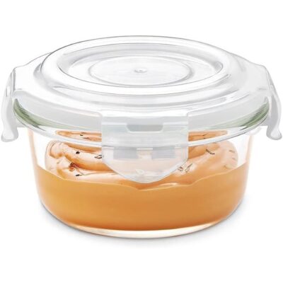 Borosil Klip-N-Store Round Glass Storage Container with Air Tight Lid Food Storage Container Microwave Safe Container 240 ML Transparent