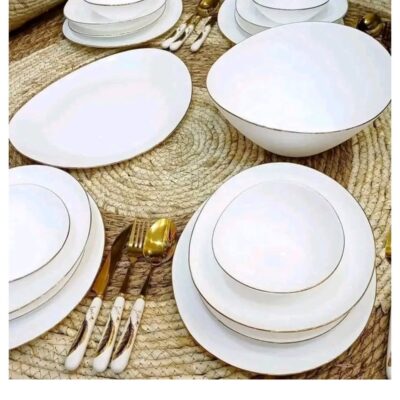 Houzi 26 Pcs Gold line Dinner Set Opal Glassware 6 X Dinner plate 6 X Soup plate 6 X Dessert plate 6 x Bowl1 x Large Bowl 1 x Oval Plate