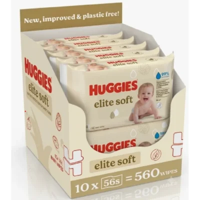 Huggies Elite Soft Baby Wet Wipes, 99 Percent Pure Water, Natural Fibers, Soft & Thick, Alcohol Free & Hypoallergenic, 56 Sheets x 10 (560 Wipes) - B0437
