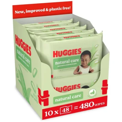 Huggies Natural Care Baby Wipes, Plastic Free, Aloe Vera & Vitamin E, Hypoallergenic, 48s x 10 (480 Wipes) - B05370