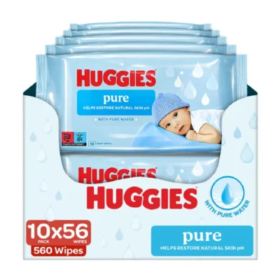 Huggies Pure Baby Wipes, 99 Percent Pure Water, Plant-Based Fibers, Fragrance-Free & Hypoallergenic, Sensitive & Newborn Skin, 56s x 10 (560 Wipes) - F01085